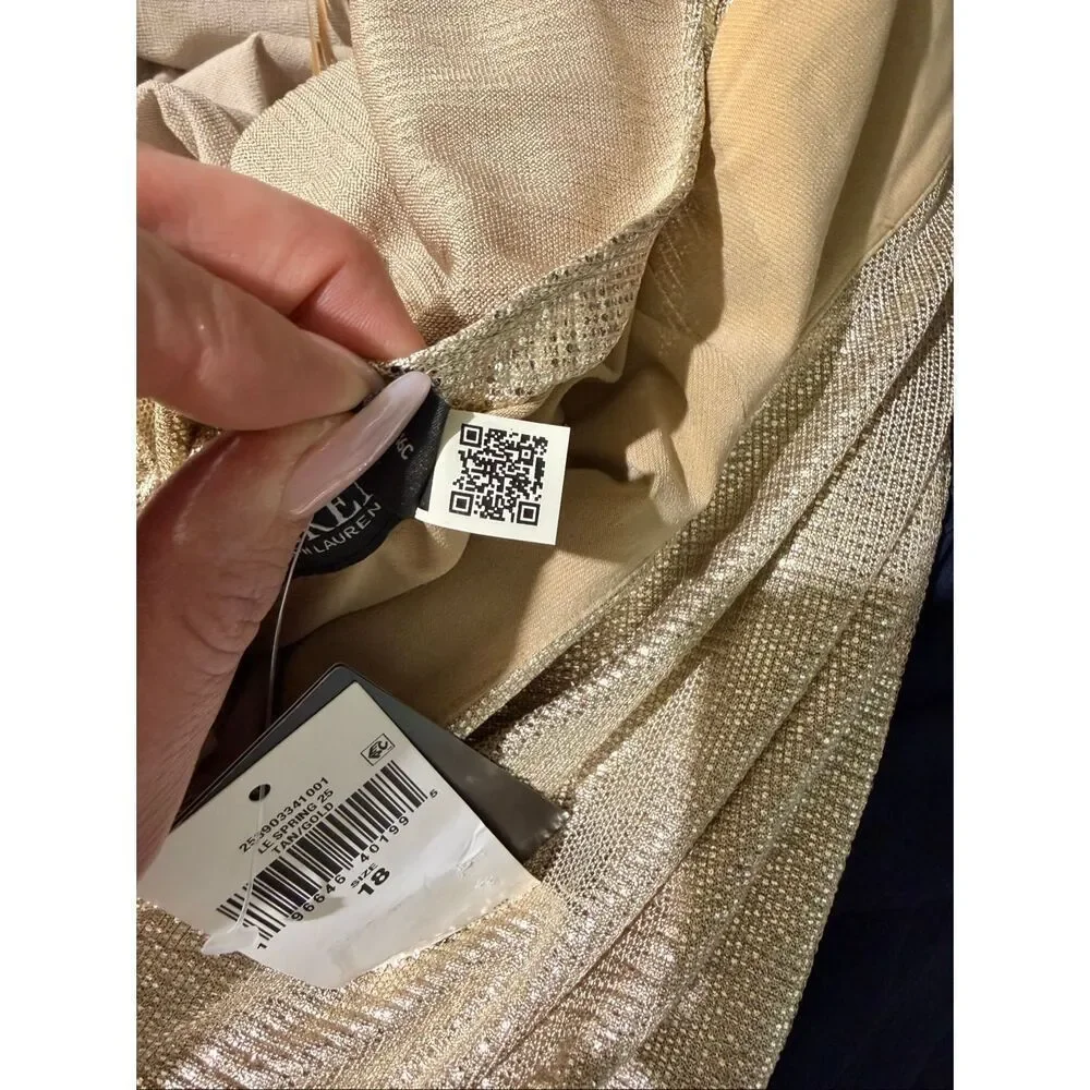 Lauren Ralph Lauren Twist-Front Foil Print Cape-Overlay Gown Gold/Tan 18 - Picture 6 of 7